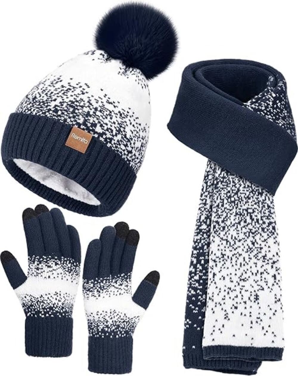 Remifa Women’s Winter Hat Scarf Gloves 3-Piece Knit Set White Navy Blue New